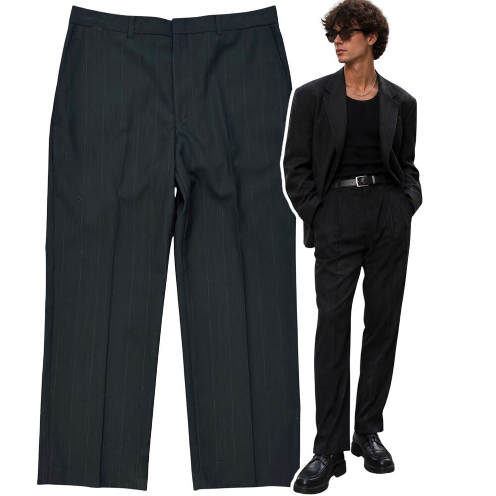 Mens Vintage Towncraft Pinstripe Pants Trousers 36x30 Black Wool Blend Preppy